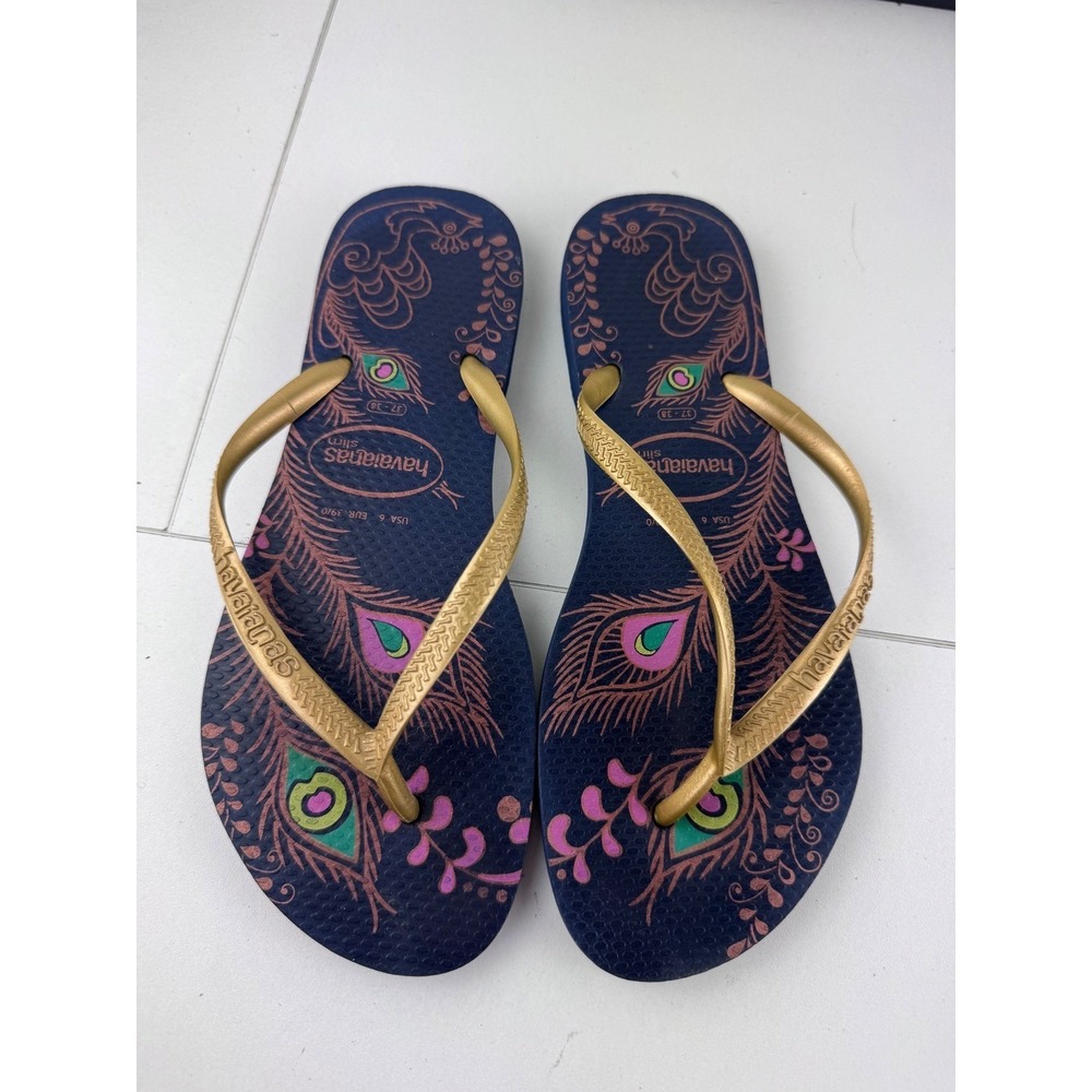 Havaianas Slim Peacock Feather‎ Flip Flops Womens Size 6 7 Navy Gold Resort